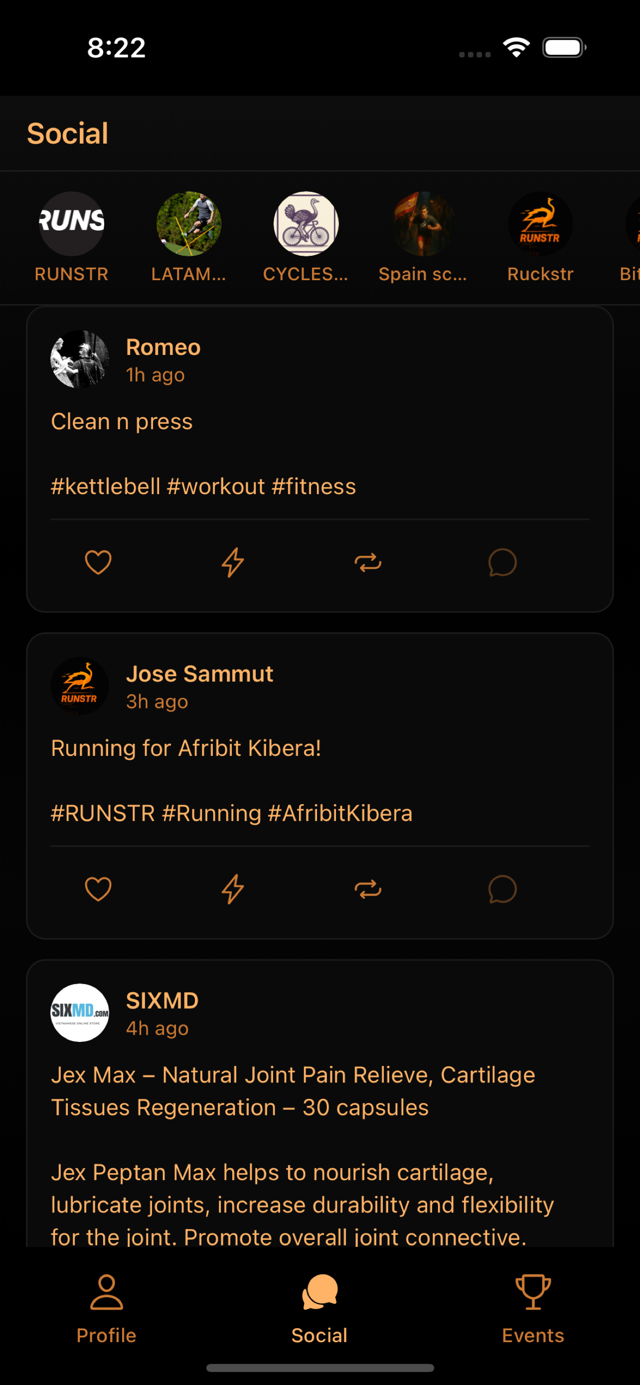 RUNSTR Social feed showing community workout posts