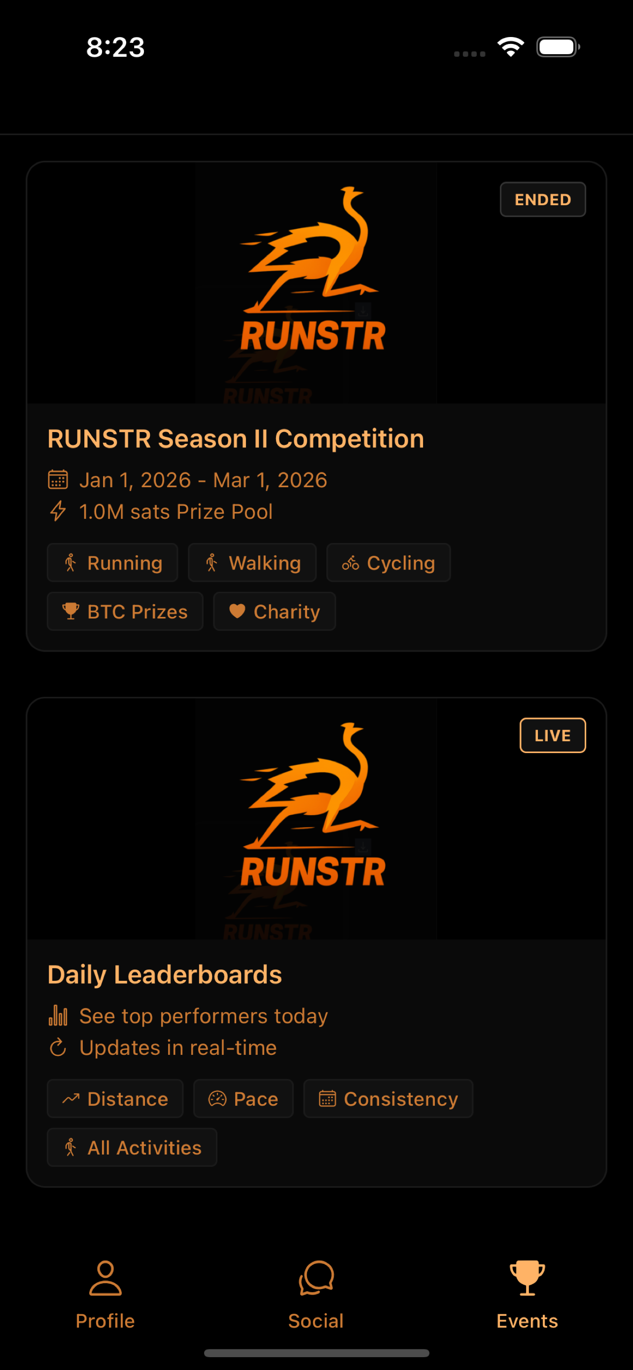 RUNSTR Events screen showing Season II Competition and Daily Leaderboards