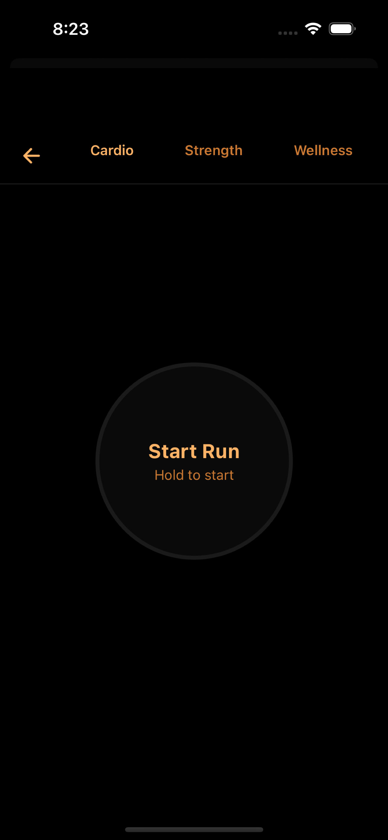 RUNSTR Start Run screen with Cardio, Strength, and Wellness tabs