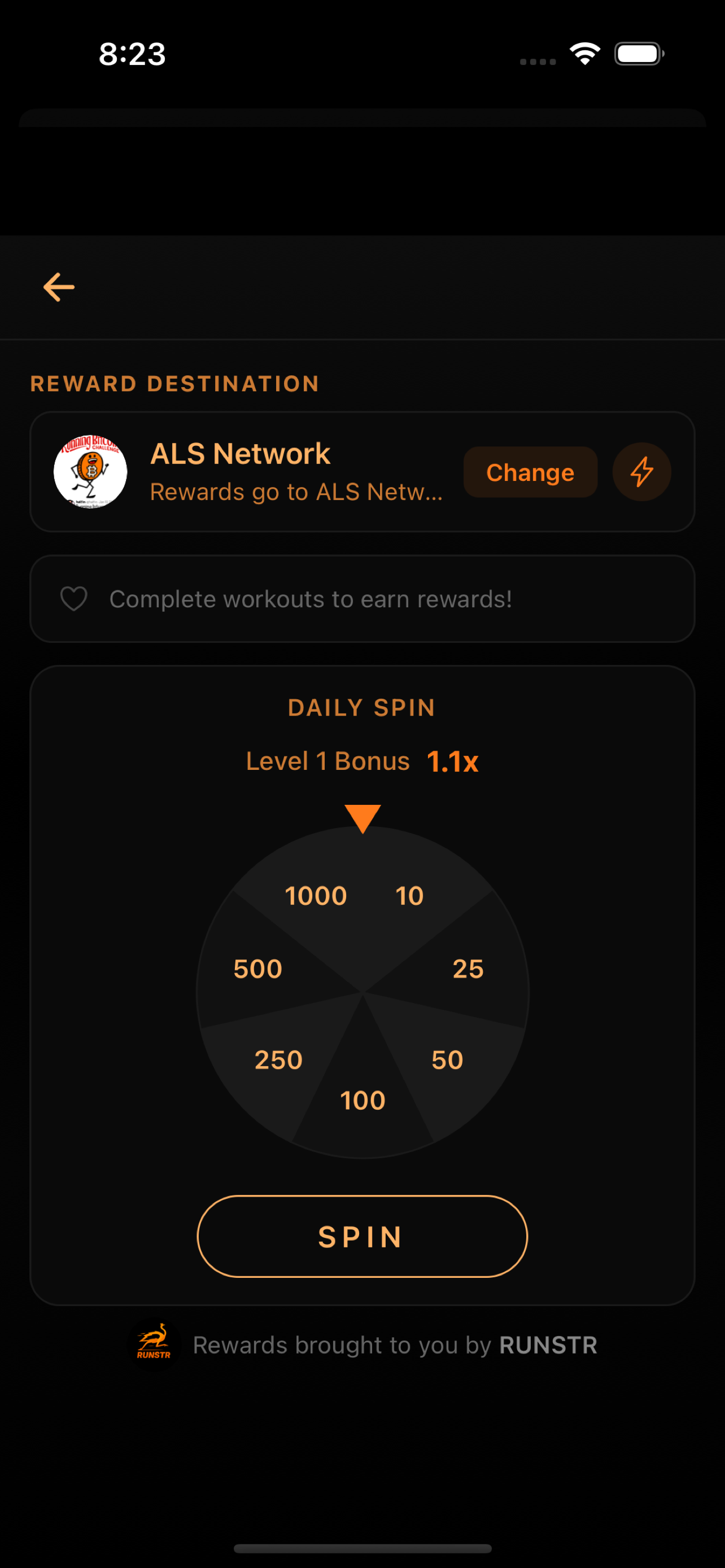 RUNSTR Rewards screen with Daily Spin wheel and ALS Network destination