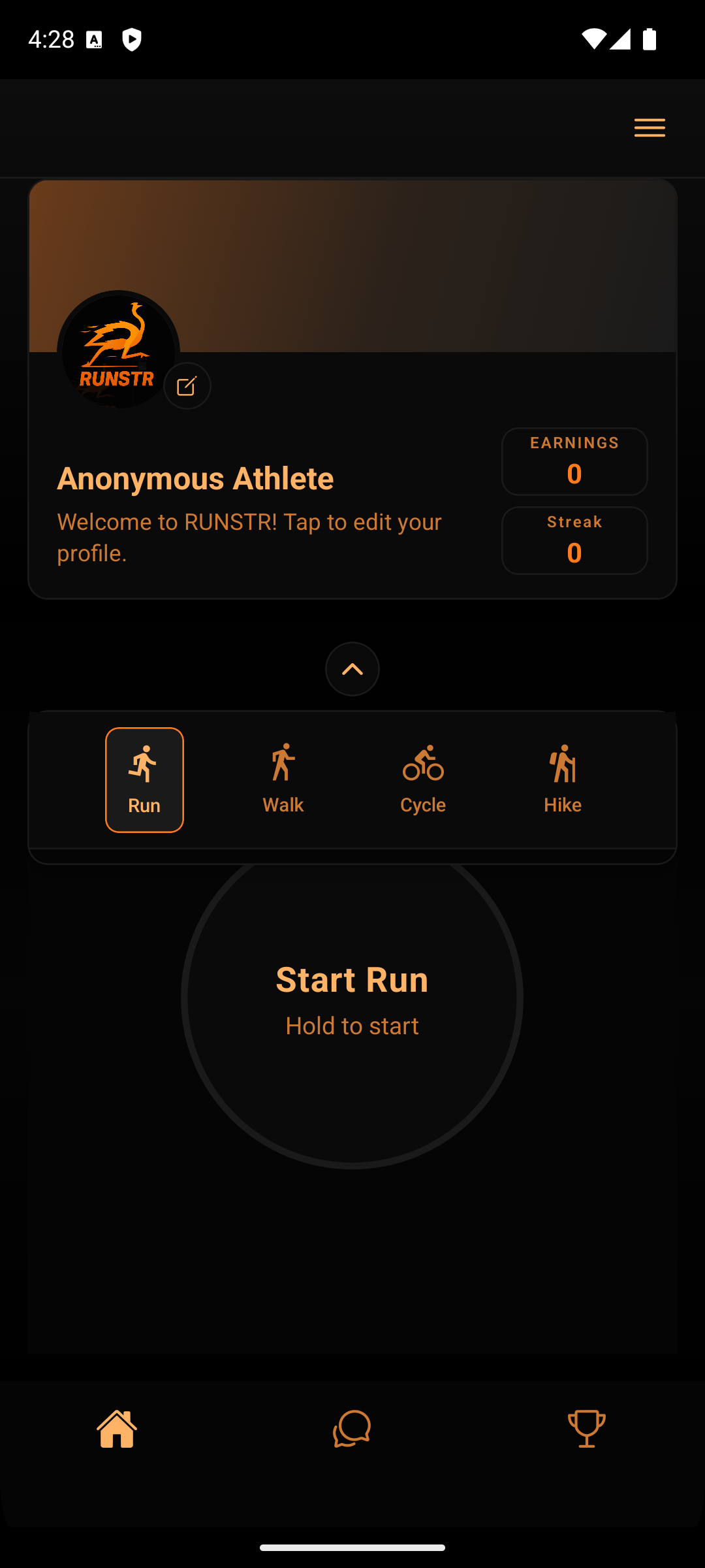 RUNSTR Dashboard with Run, Walk, Cycle, and Hike activity picker
