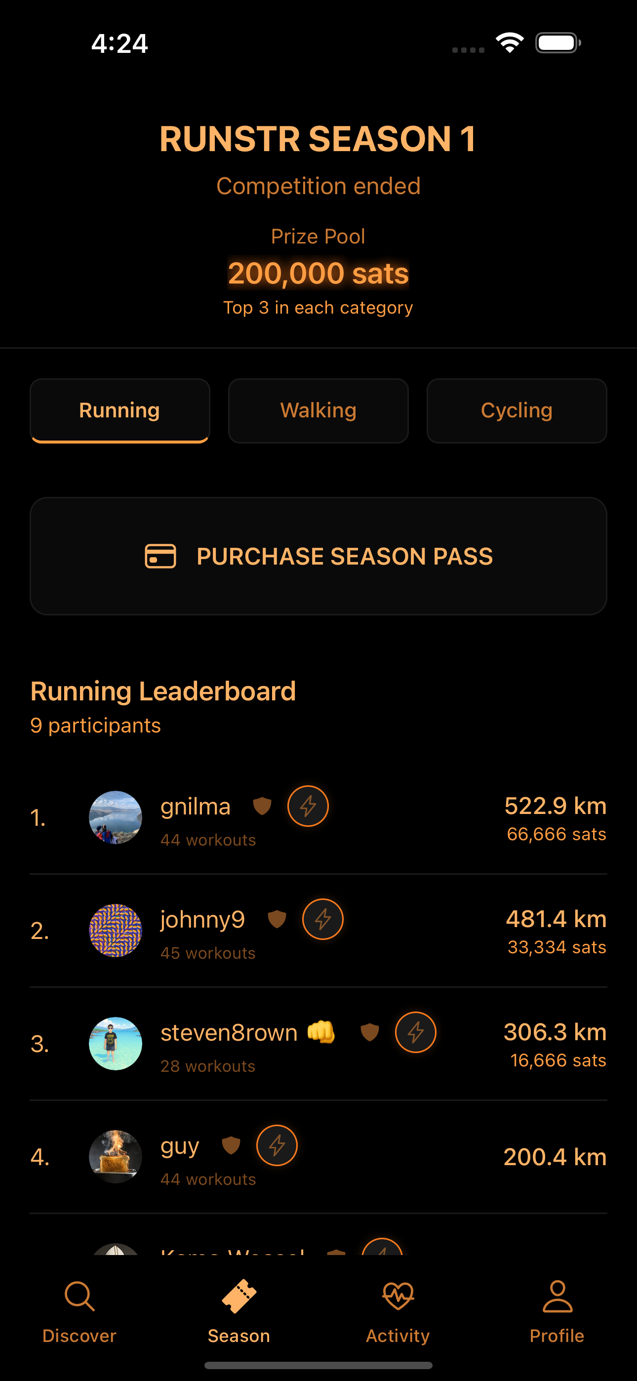 RUNSTR Season 1 Leaderboard